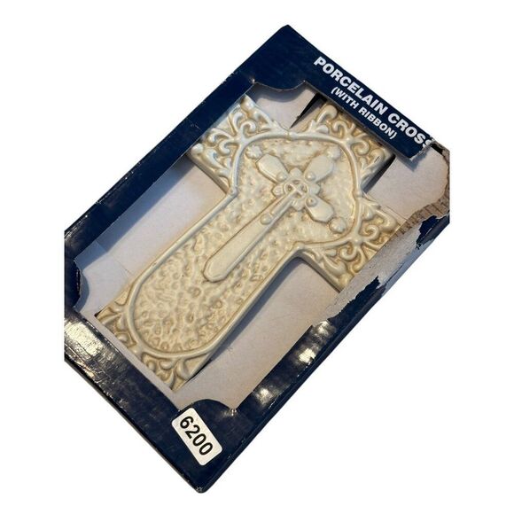 Porcelain Cross With Ribbon 7.5" Religious Wall Decor By DCC Decor Inc - White - Picture 5 of 5